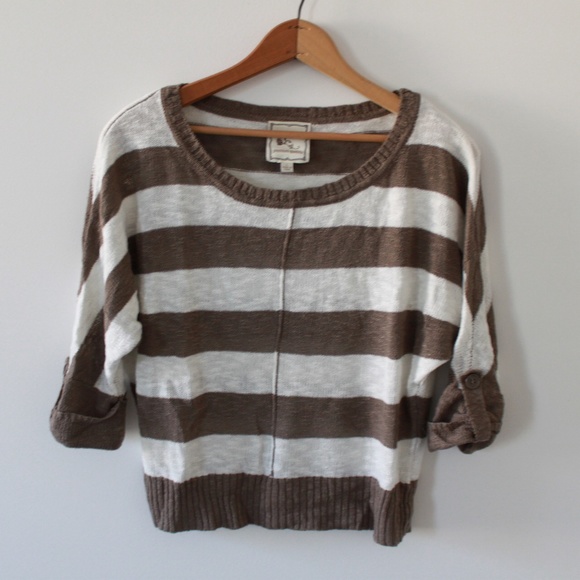 Taupe and Cream Striped Sweater 3/4 Length Large